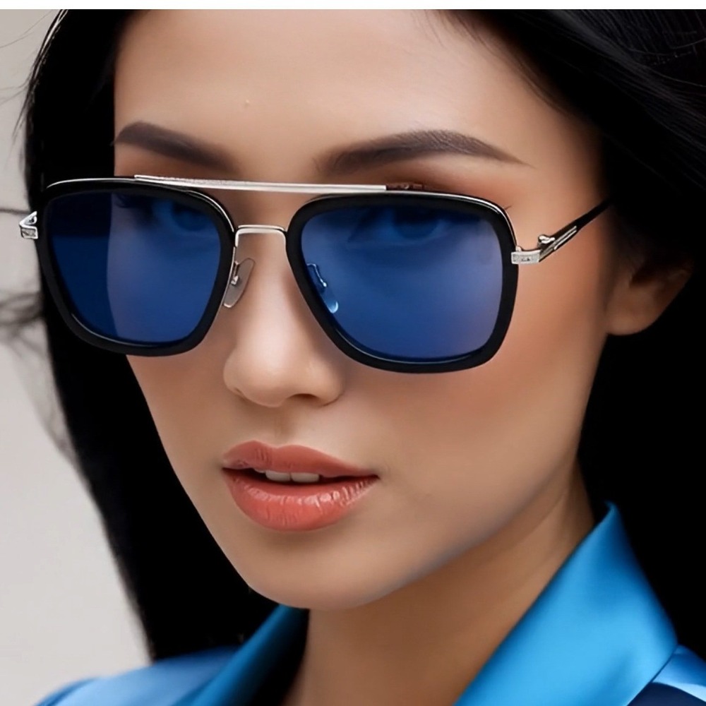 Square Sunglasses Blue Lens Silver Frame Women Fashion Sun Glasses Classic Gafas